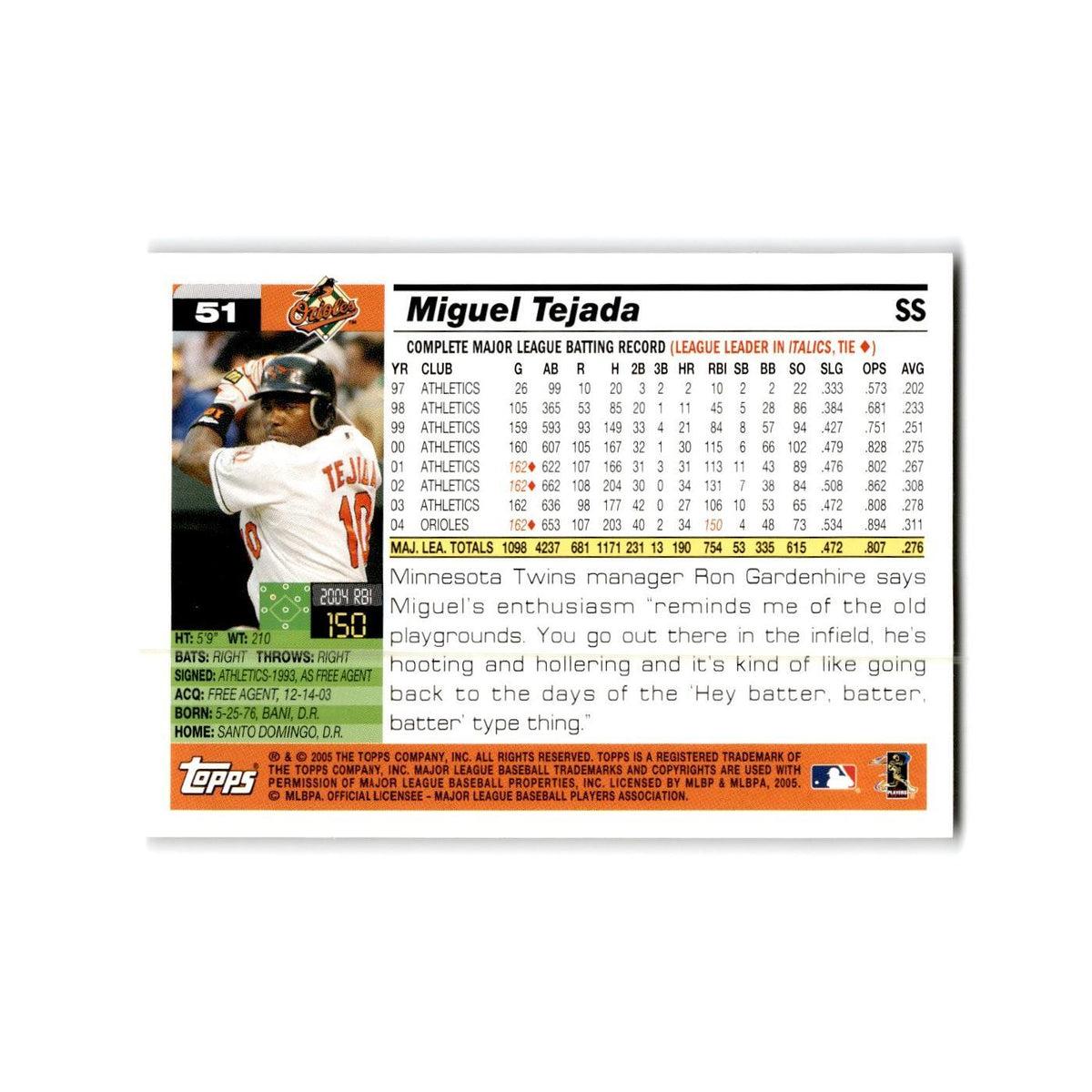 Miguel Tejada Opening Day 2005 Topps #51 Baltimore Orioles Baseball Card NM