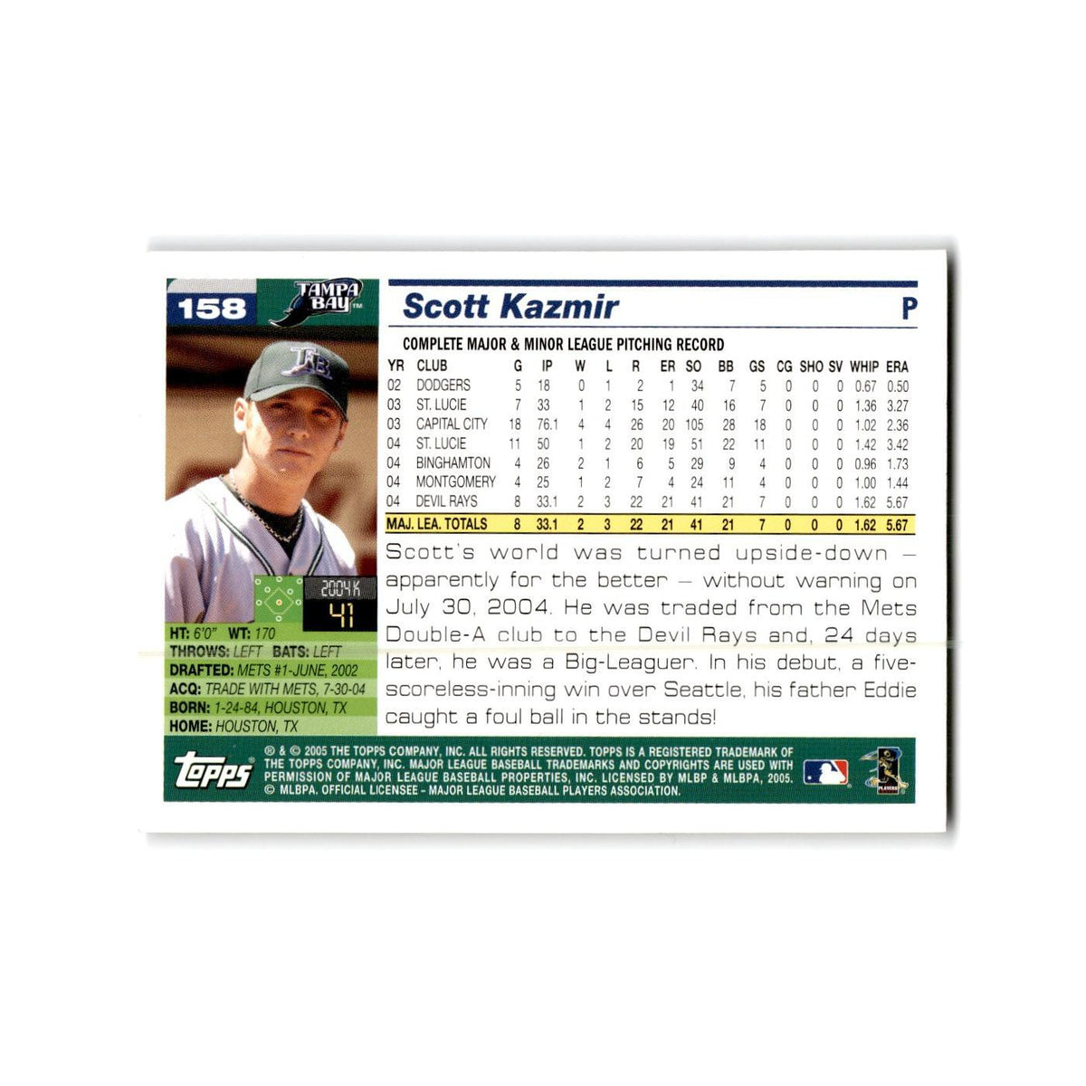 Scott Kazmir Opening Day 2005 Topps #158 Tampa Bay Devil Rays Baseball Card NM