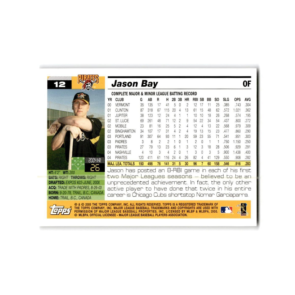 Jason Bay Opening Day 2005 Topps #12 Pittsburgh Pirates Baseball Card NM
