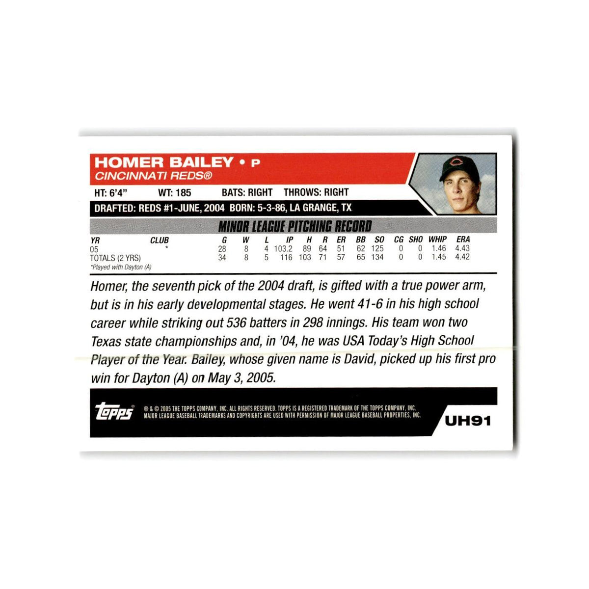 Homer Bailey Rookie 2005 Topps #UH91 Cincinnati Reds Baseball Card NM