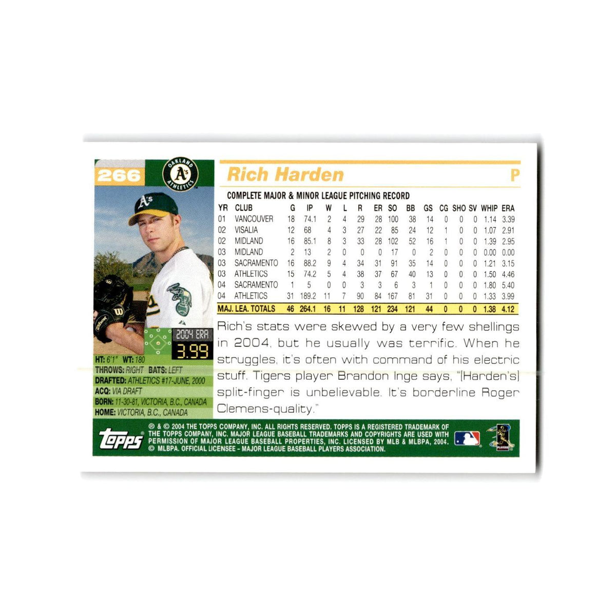 Rich Harden 2005 Topps #266 Oakland Athletics Baseball Card NM