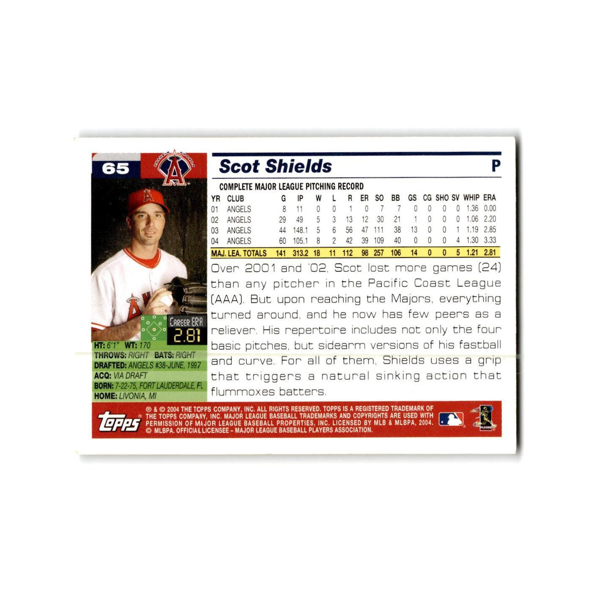Scot Shields 2005 Topps #65 Anaheim Angels Baseball Card NM