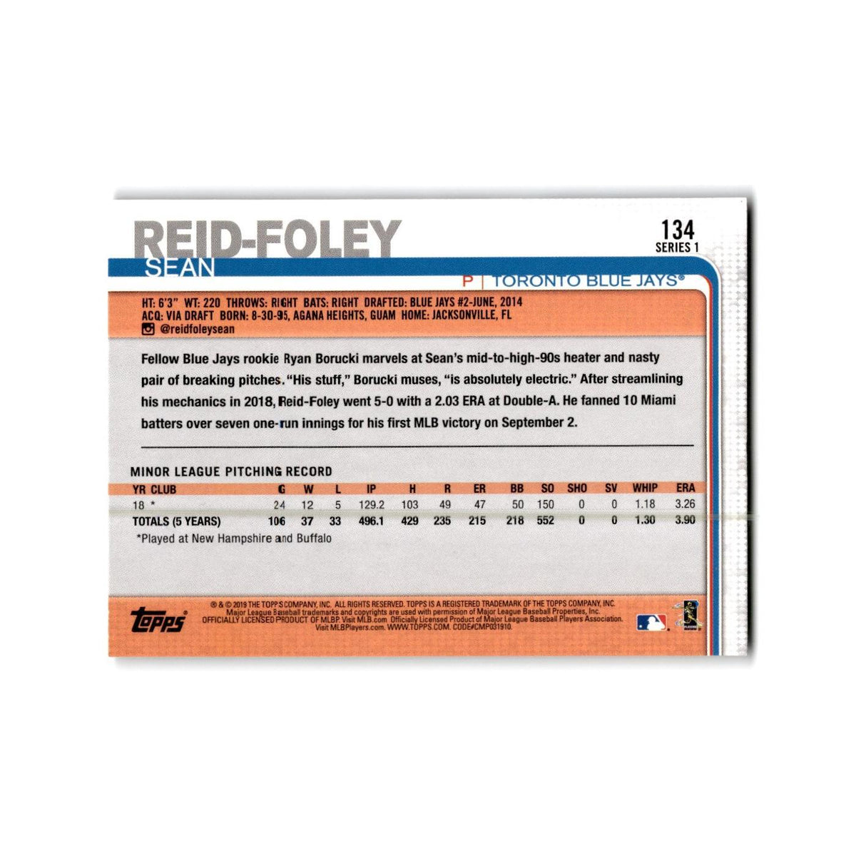 Sean Reid-Foley Rookie 2019 Topps #134 Toronto Blue Jays Baseball Card NM