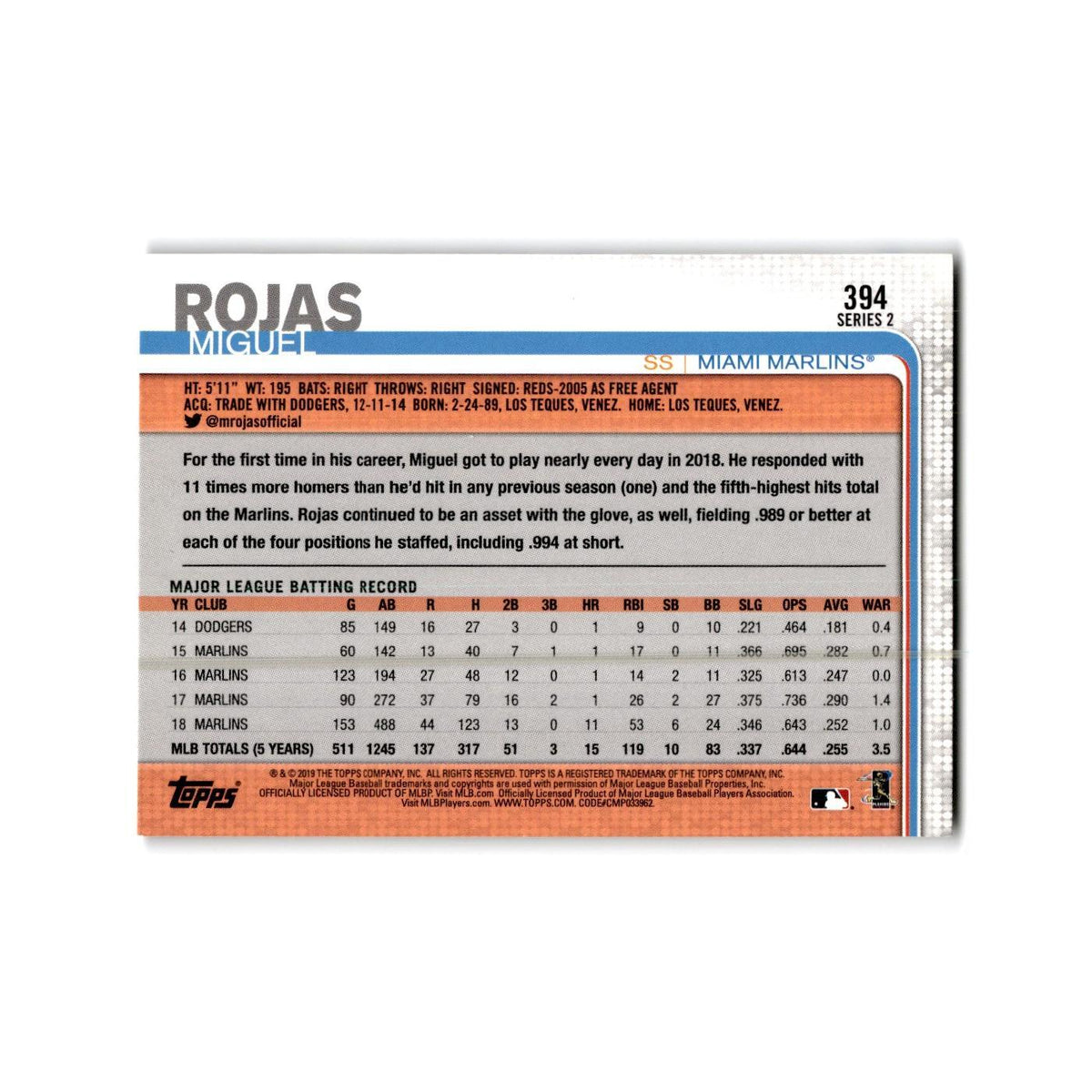 Miguel Rojas 2019 Topps #394 Miami Marlins Baseball Card NM