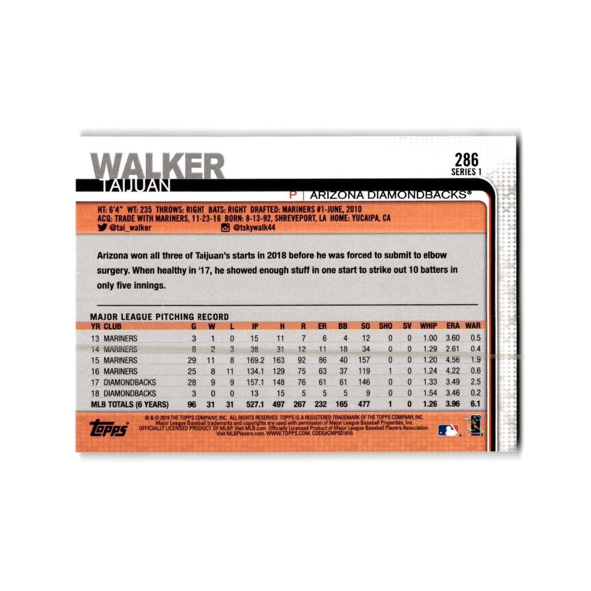 Taijuan Walker 2019 Topps #286 Arizona Diamondbacks Baseball Card NM