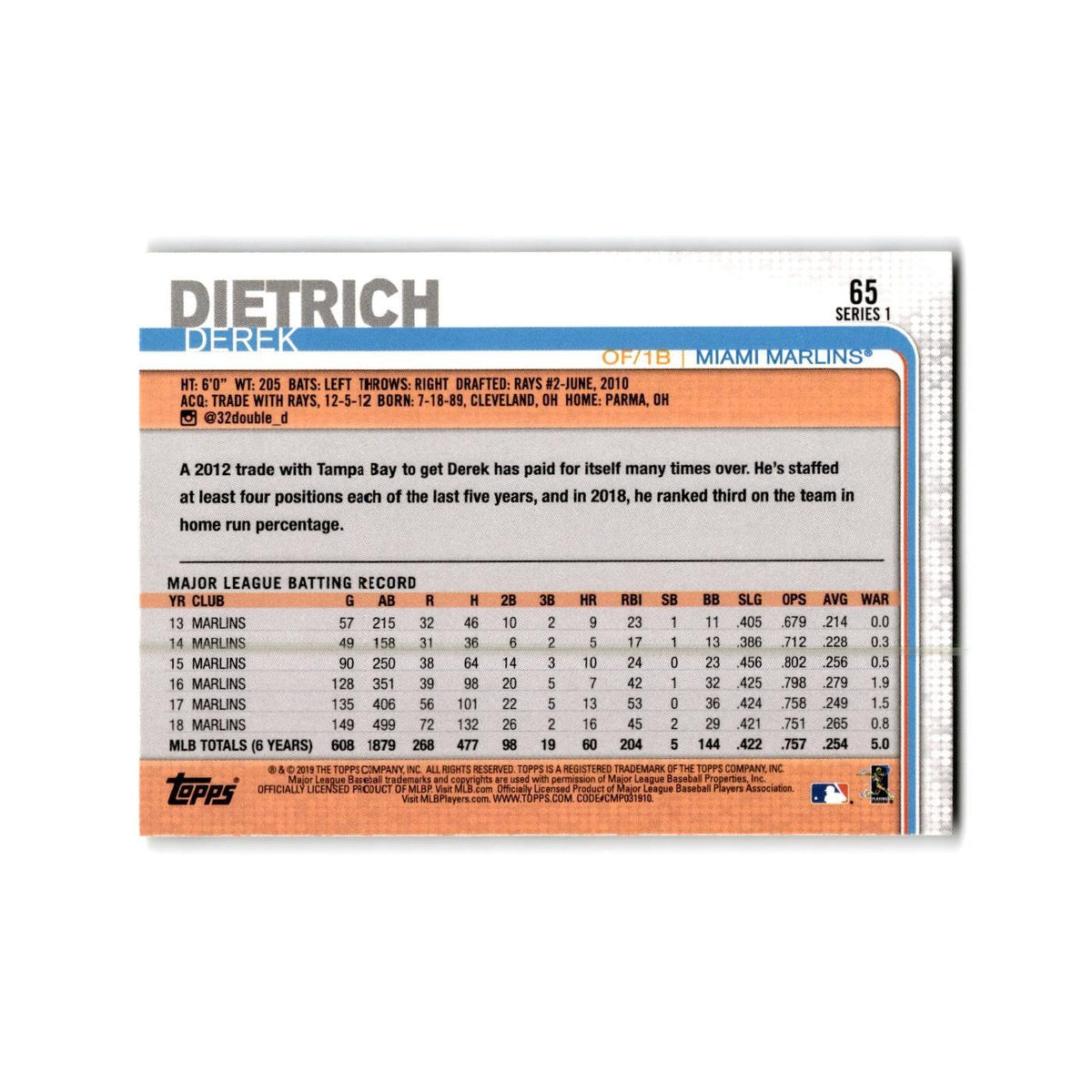 Derek Dietrich 2019 Topps #65 Miami Marlins Baseball Card NM