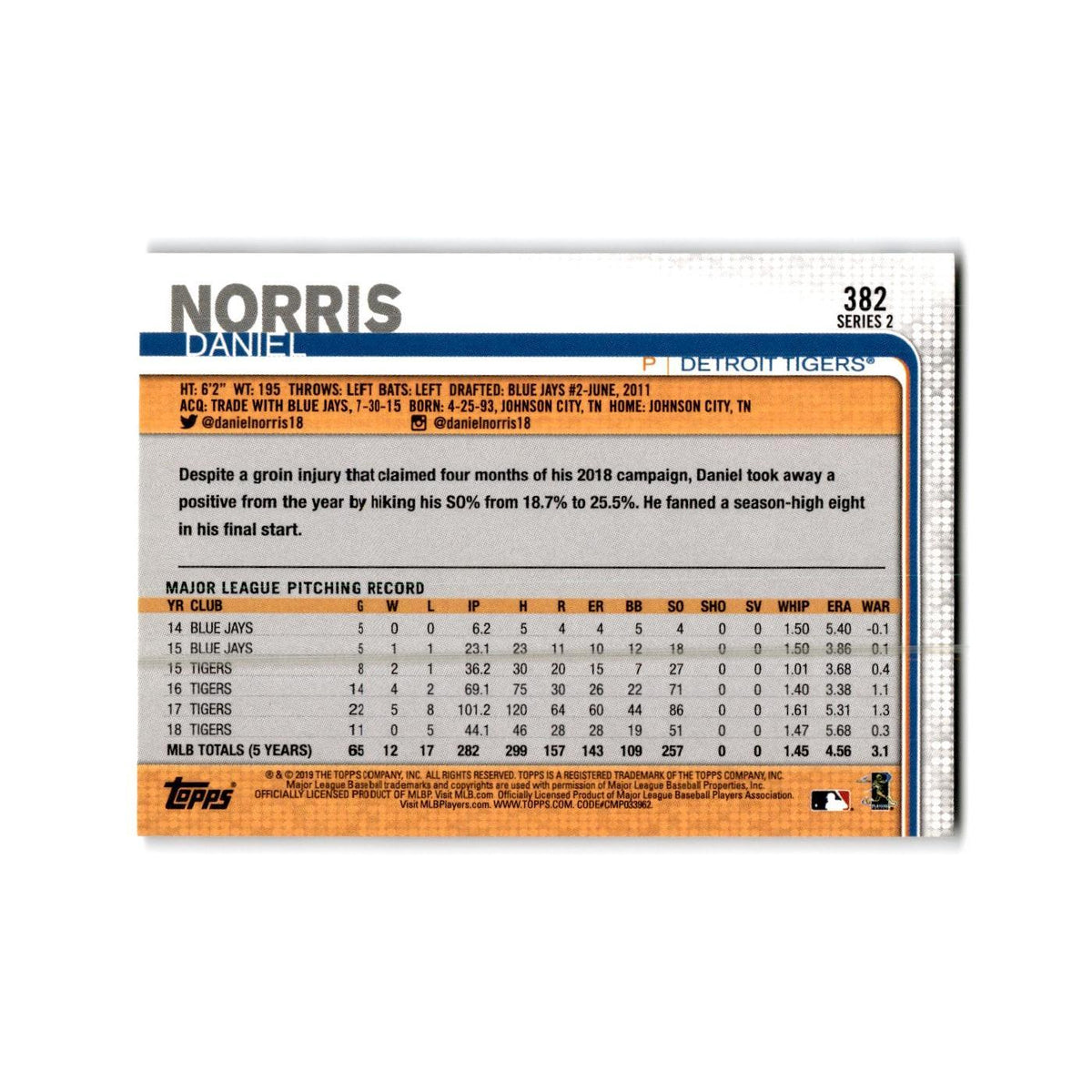 Daniel Norris 2019 Topps #382 Detroit Tigers Baseball Card NM