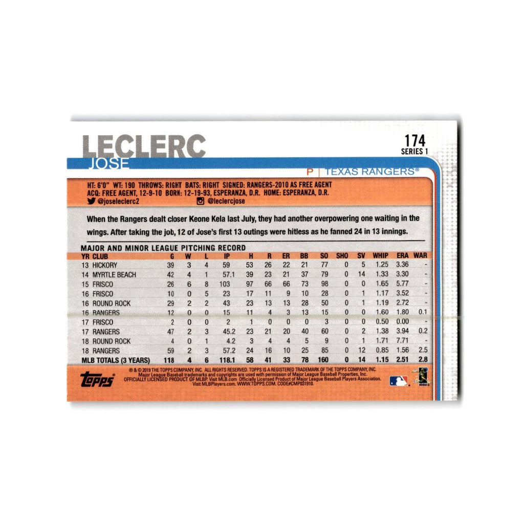 Jose Leclerc 2019 Topps #174 Texas Rangers Baseball Card NM