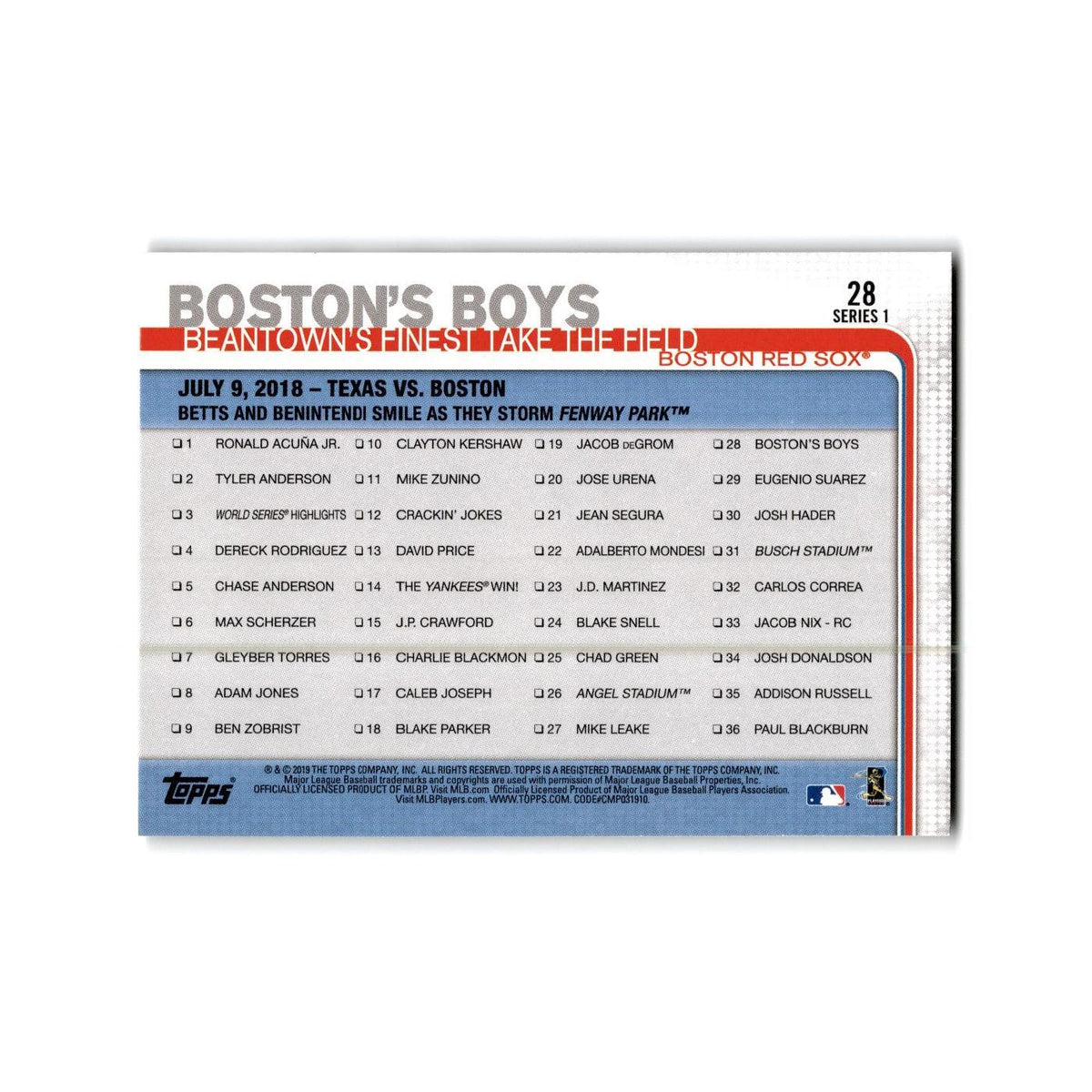 Boston's Boys 2019 Topps #28 Boston Red Sox Baseball Card NM
