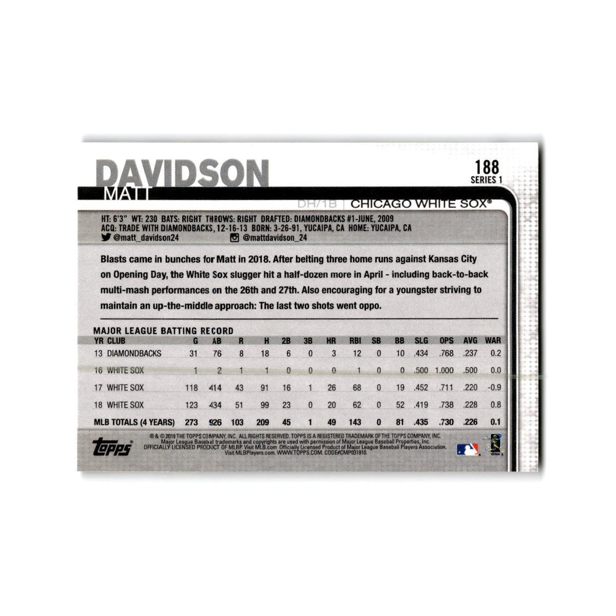 Matt Davidson 2019 Topps #188 Chicago White Sox Baseball Card NM
