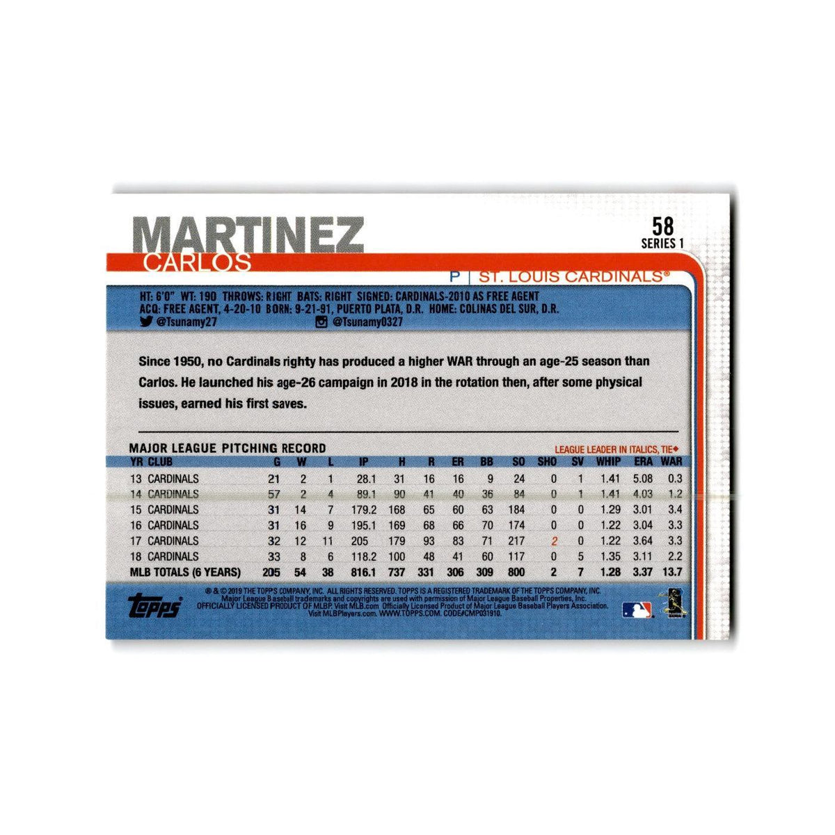 Carlos Martinez 2019 Topps #58 St. Louis Cardinals Baseball Card NM