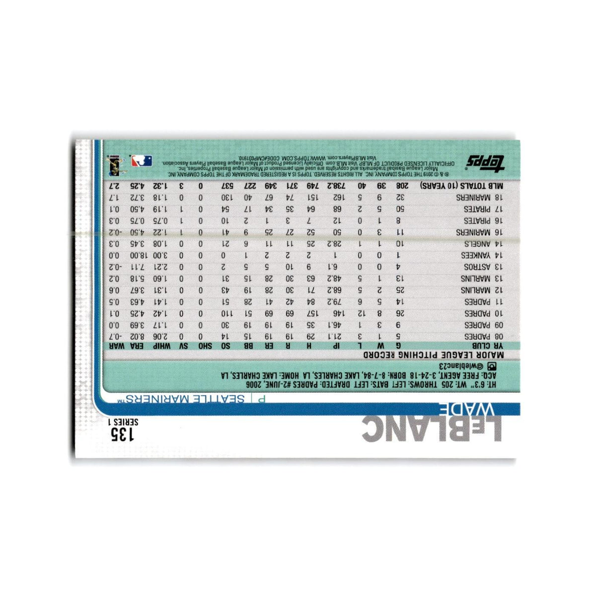 Wade LeBlanc 2019 Topps #135 Seattle Mariners Baseball Card NM