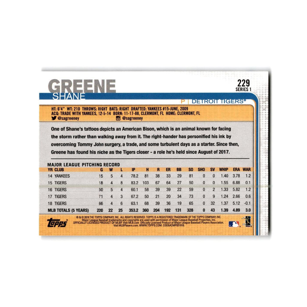 Shane Greene 2019 Topps #229 Detroit Tigers Baseball Card NM