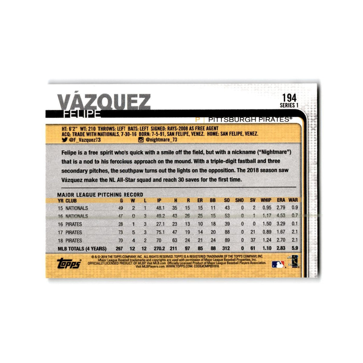 Felipe Vázquez 2019 Topps #194 Pittsburgh Pirates Baseball Card NM