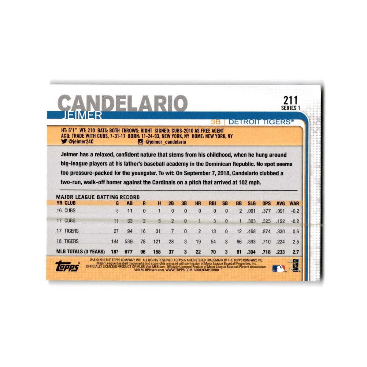 Jeimer Candelario 2019 Topps #211 Detroit Tigers Baseball Card NM