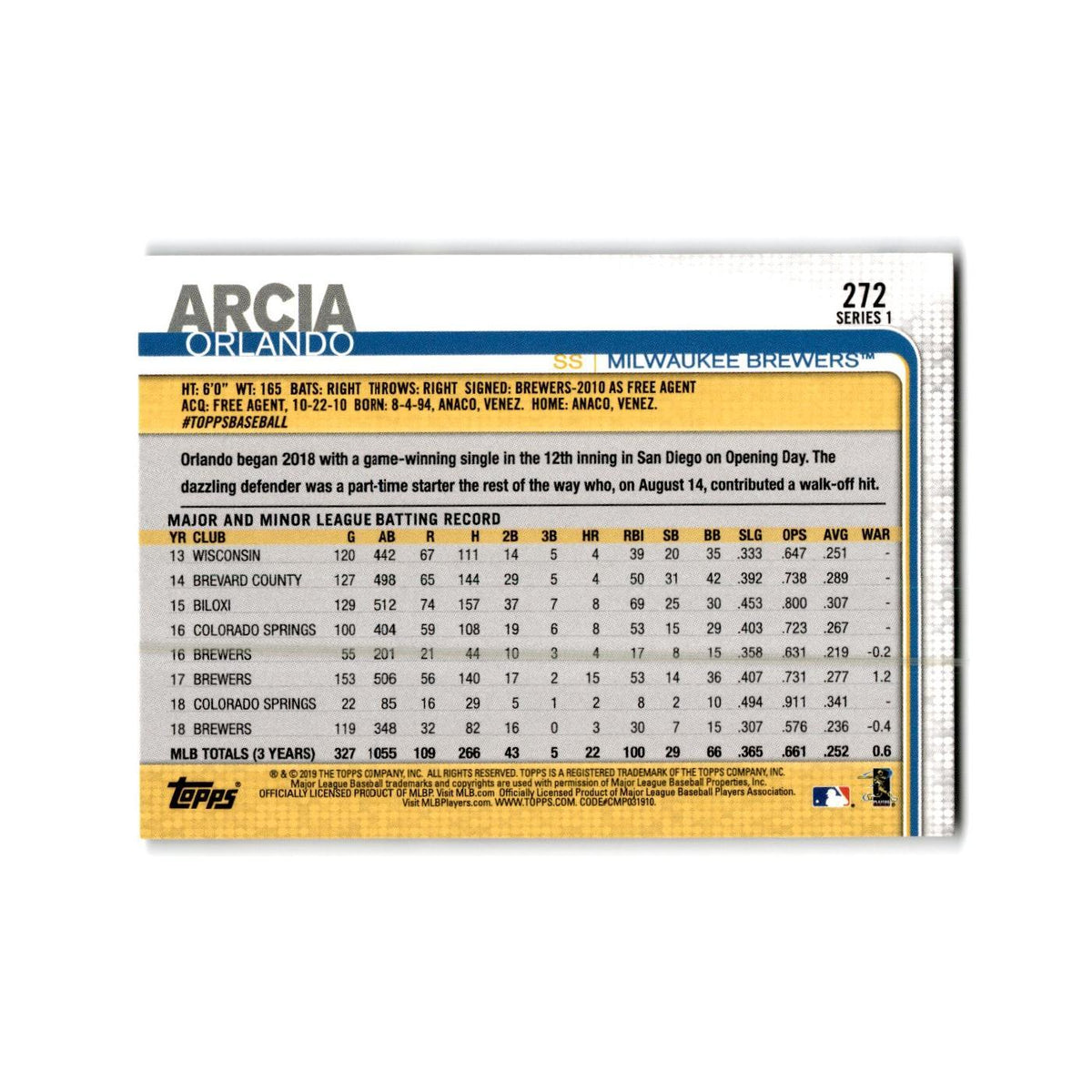 Orlando Arcia 2019 Topps #272 Milwaukee Brewers Baseball Card NM