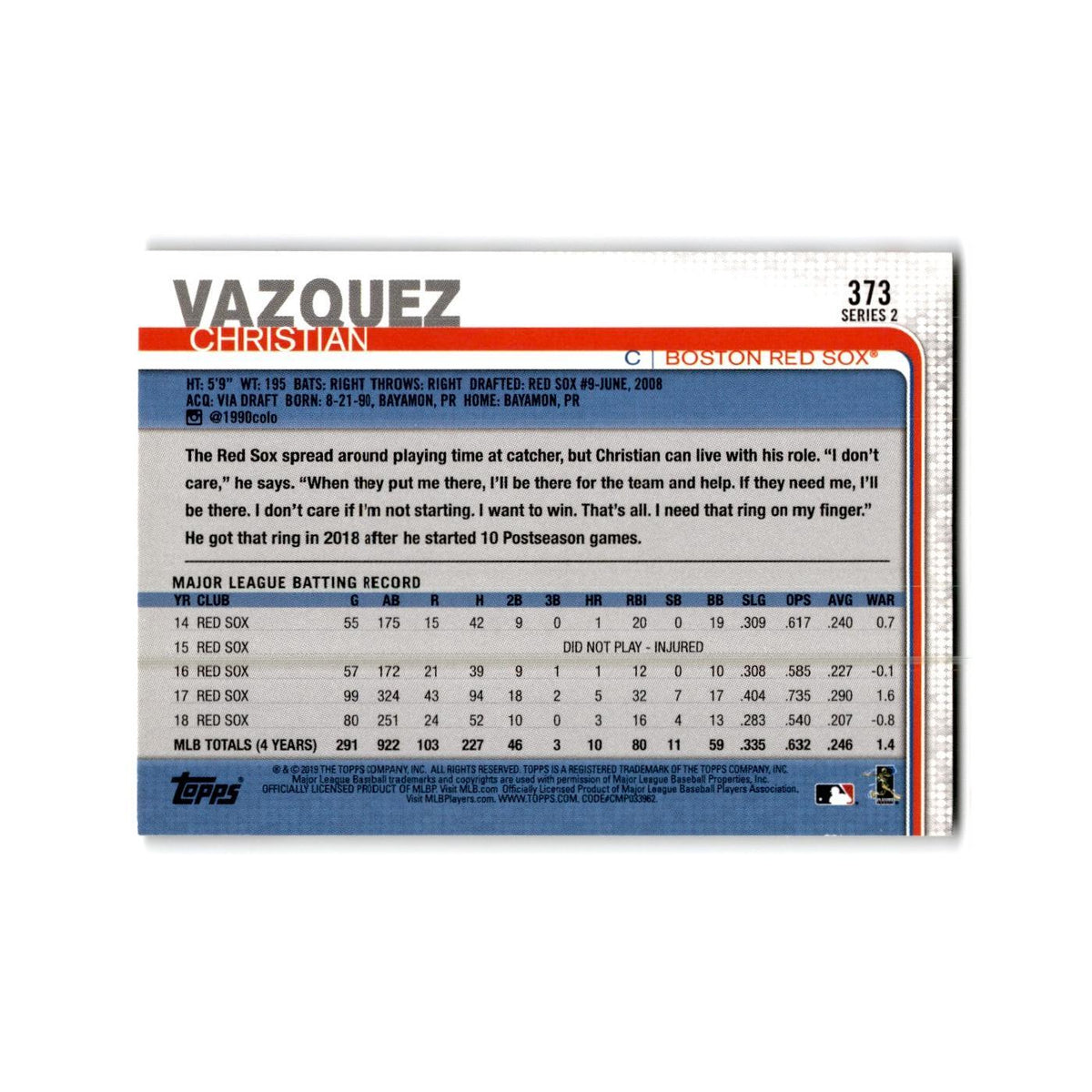 Christian Vazquez 2019 Topps #373 Boston Red Sox Baseball Card NM