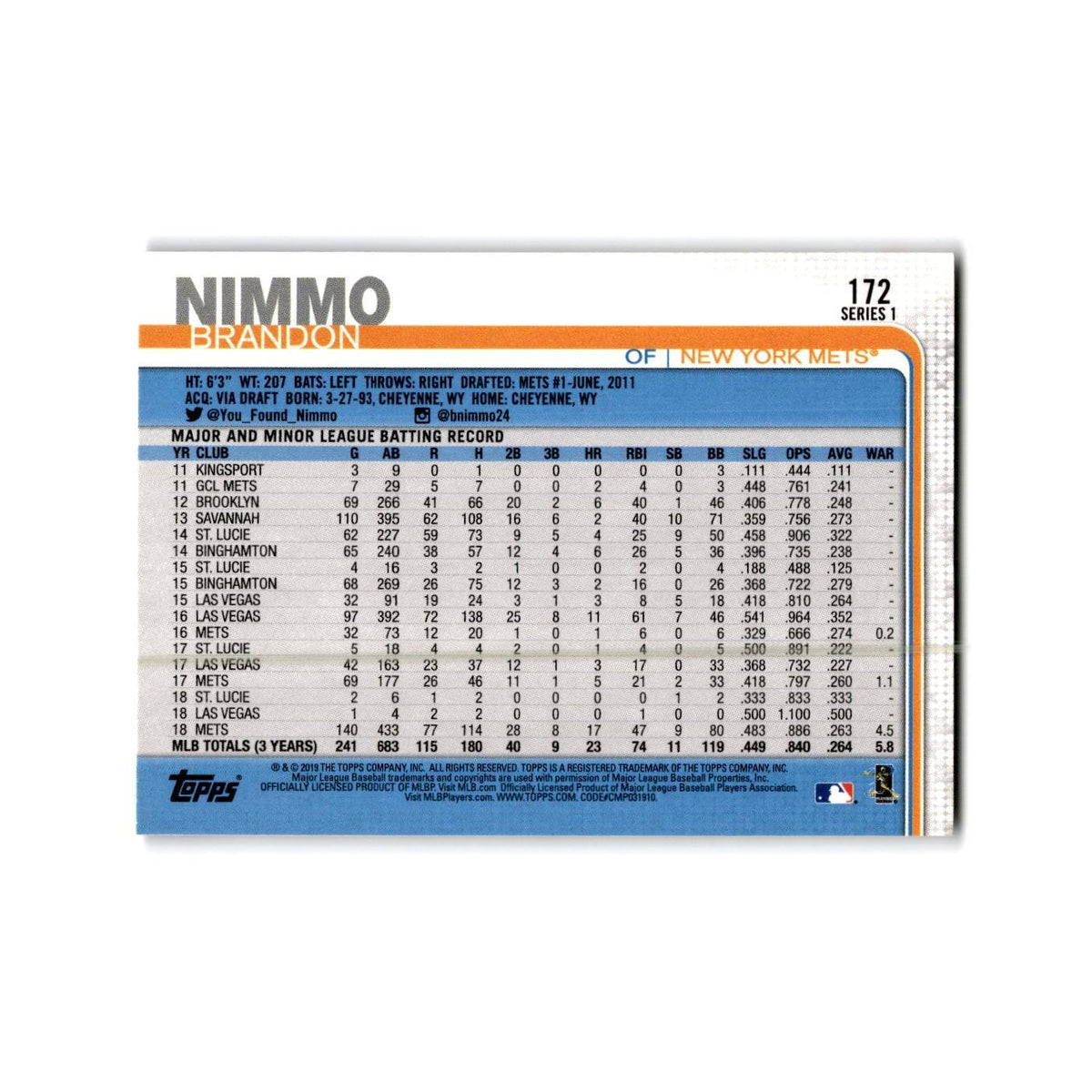Brandon Nimmo 2019 Topps #172 New York Mets Baseball Card NM