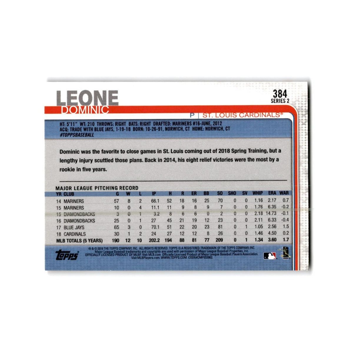Dominic Leone 2019 Topps #384 St. Louis Cardinals Baseball Card NM