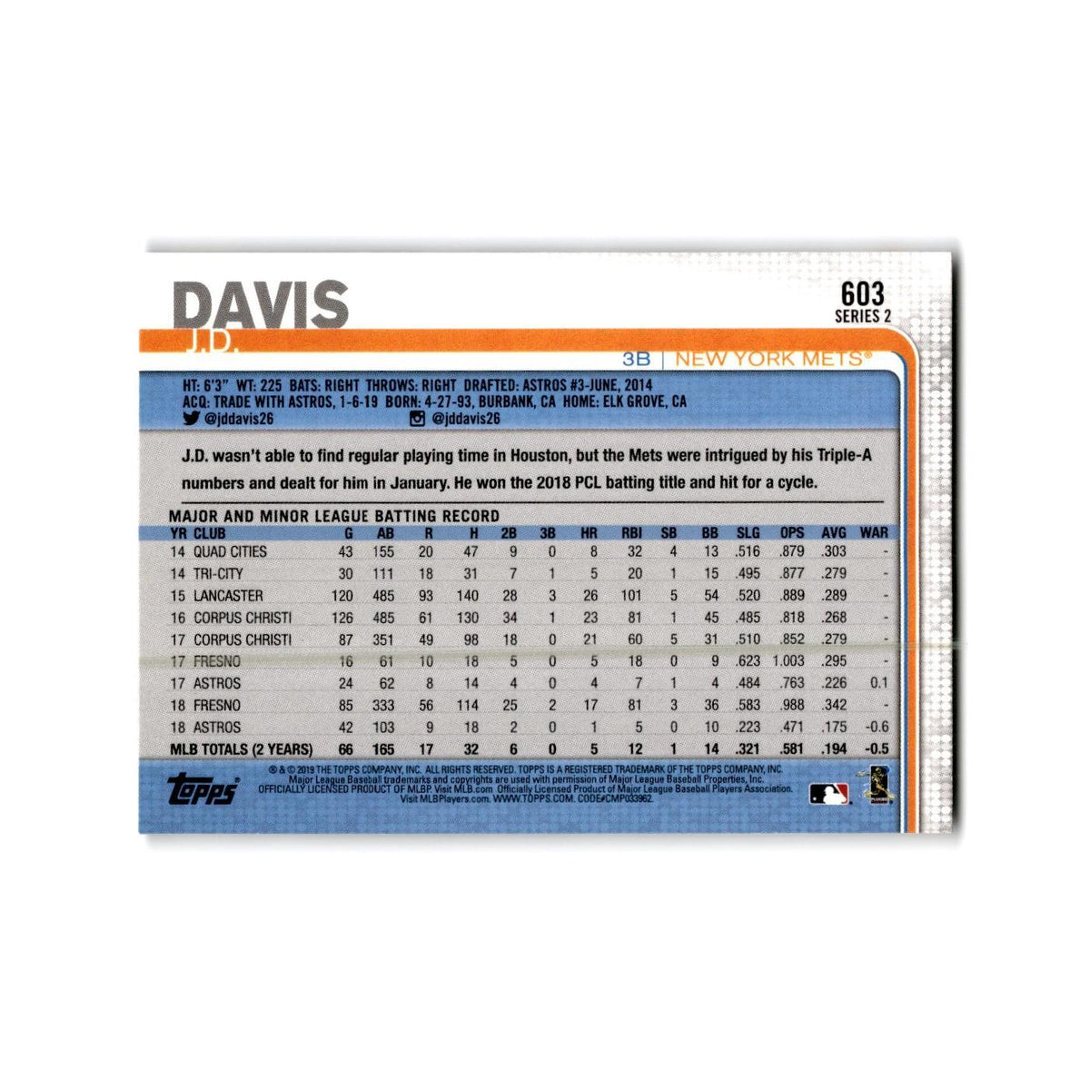 J.D. Davis 2019 Topps #603 New York Mets Baseball Card NM