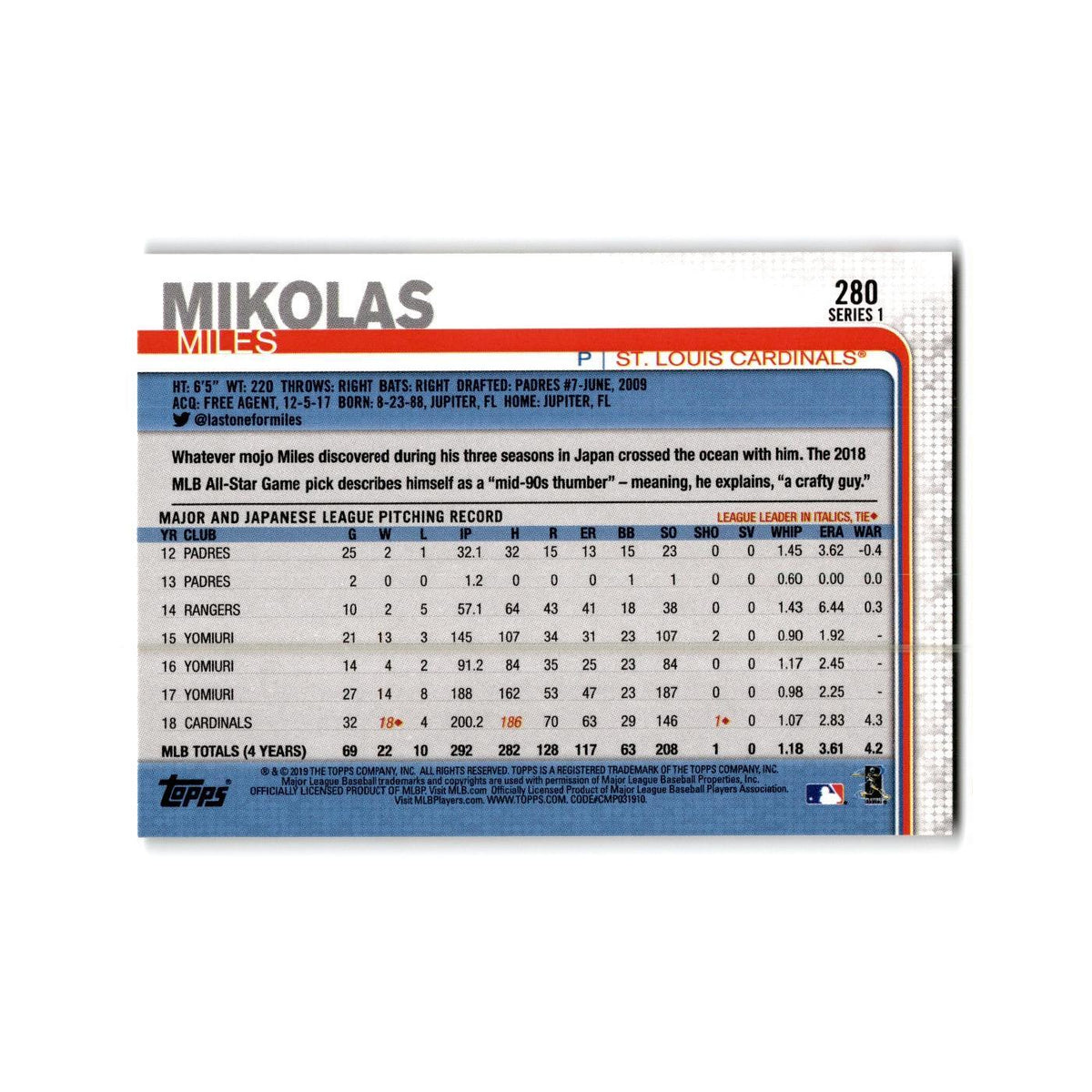 Miles Mikolas 2019 Topps #280 St. Louis Cardinals Baseball Card NM