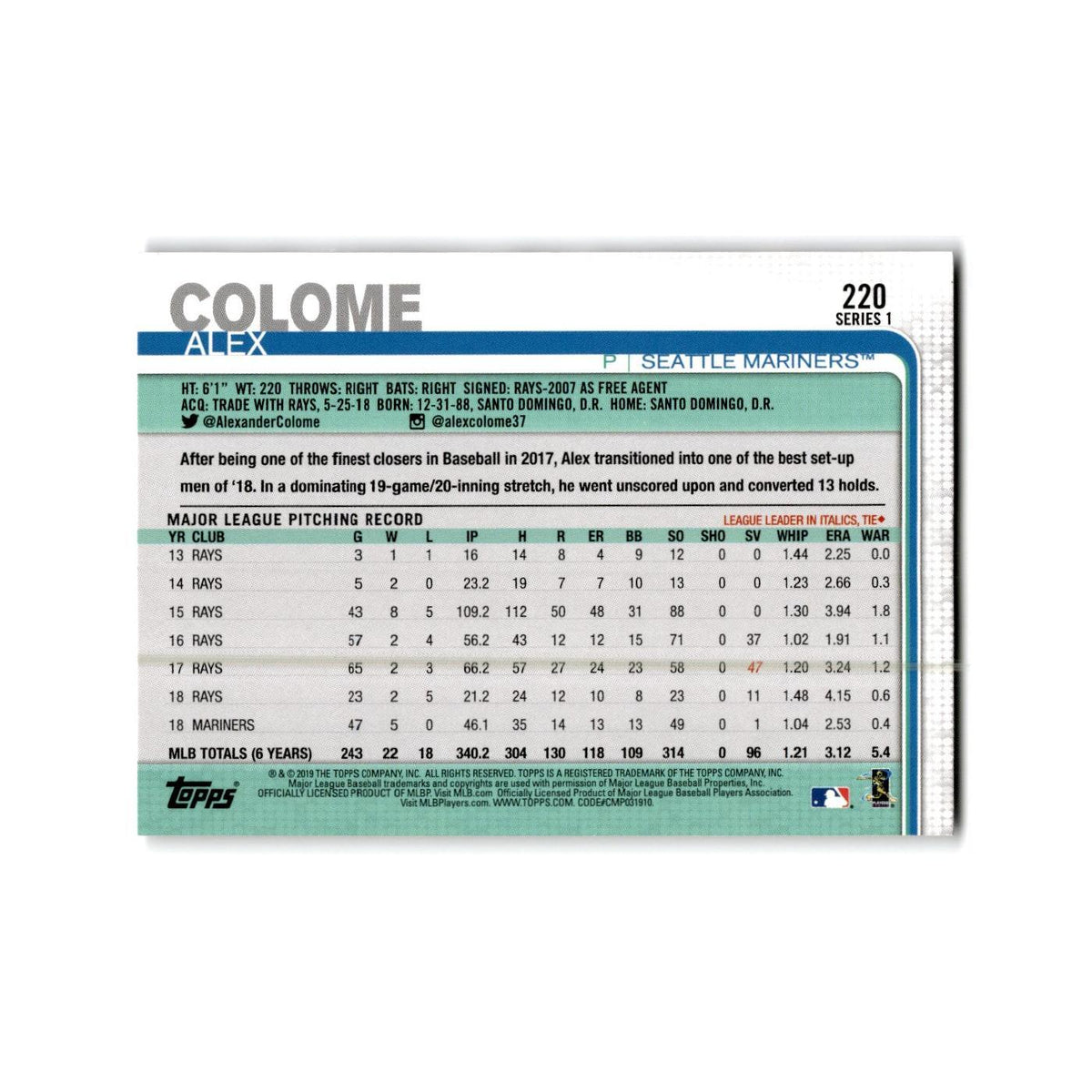 Alex Colome 2019 Topps #220 Seattle Mariners Baseball Card NM