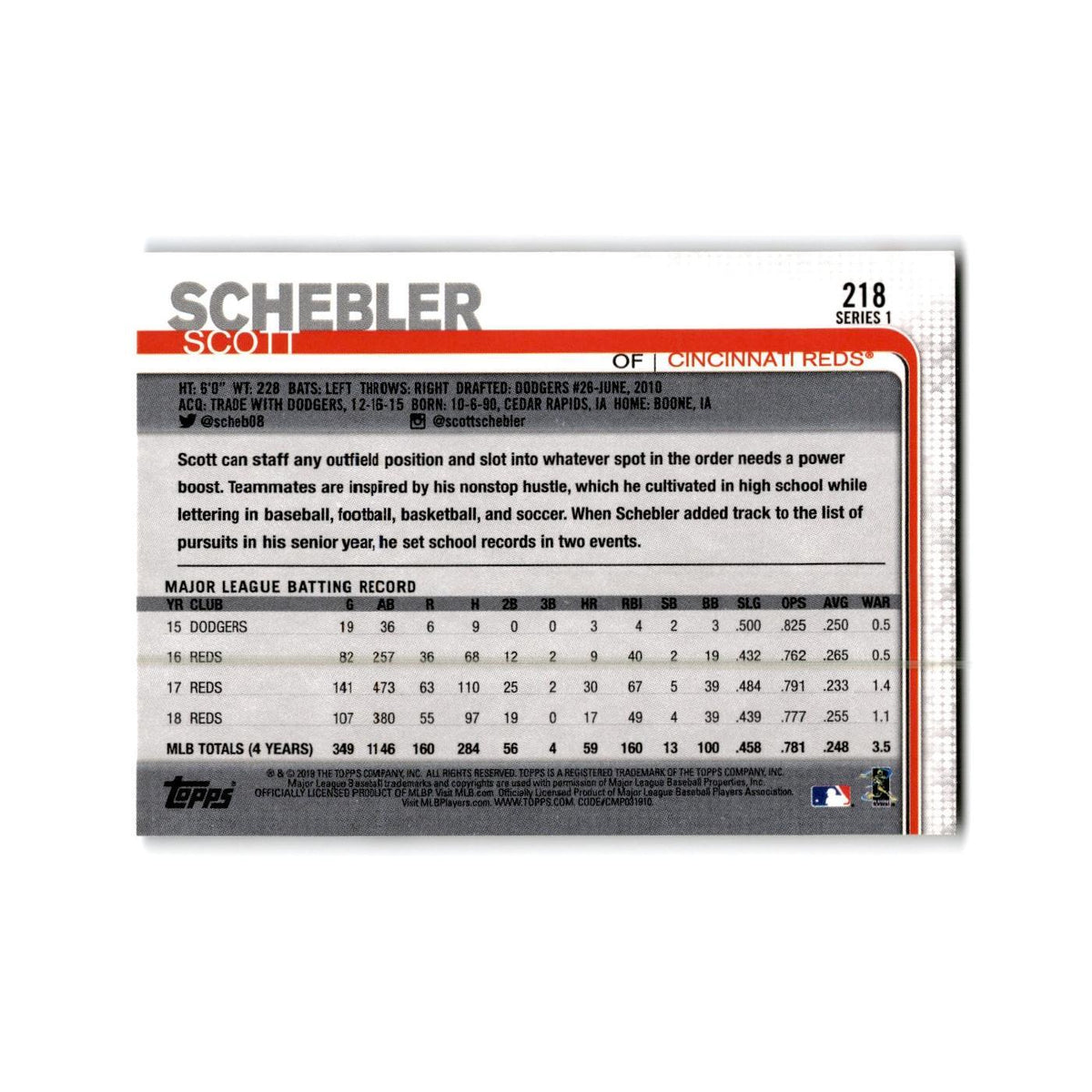 Scott Schebler 2019 Topps #218 Cincinnati Reds Baseball Card NM
