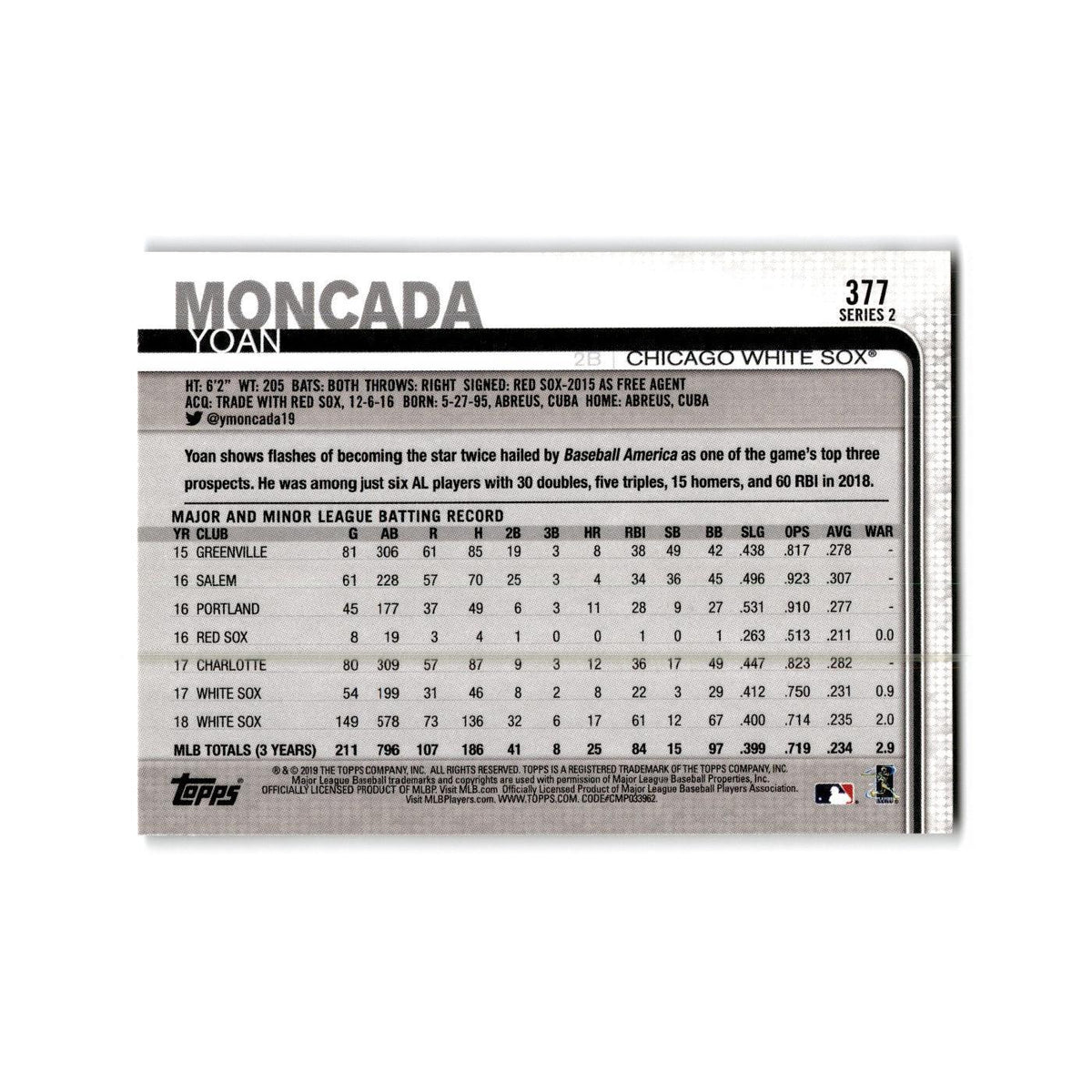 Yoan Moncada 2019 Topps #377 Chicago White Sox Baseball Card NM