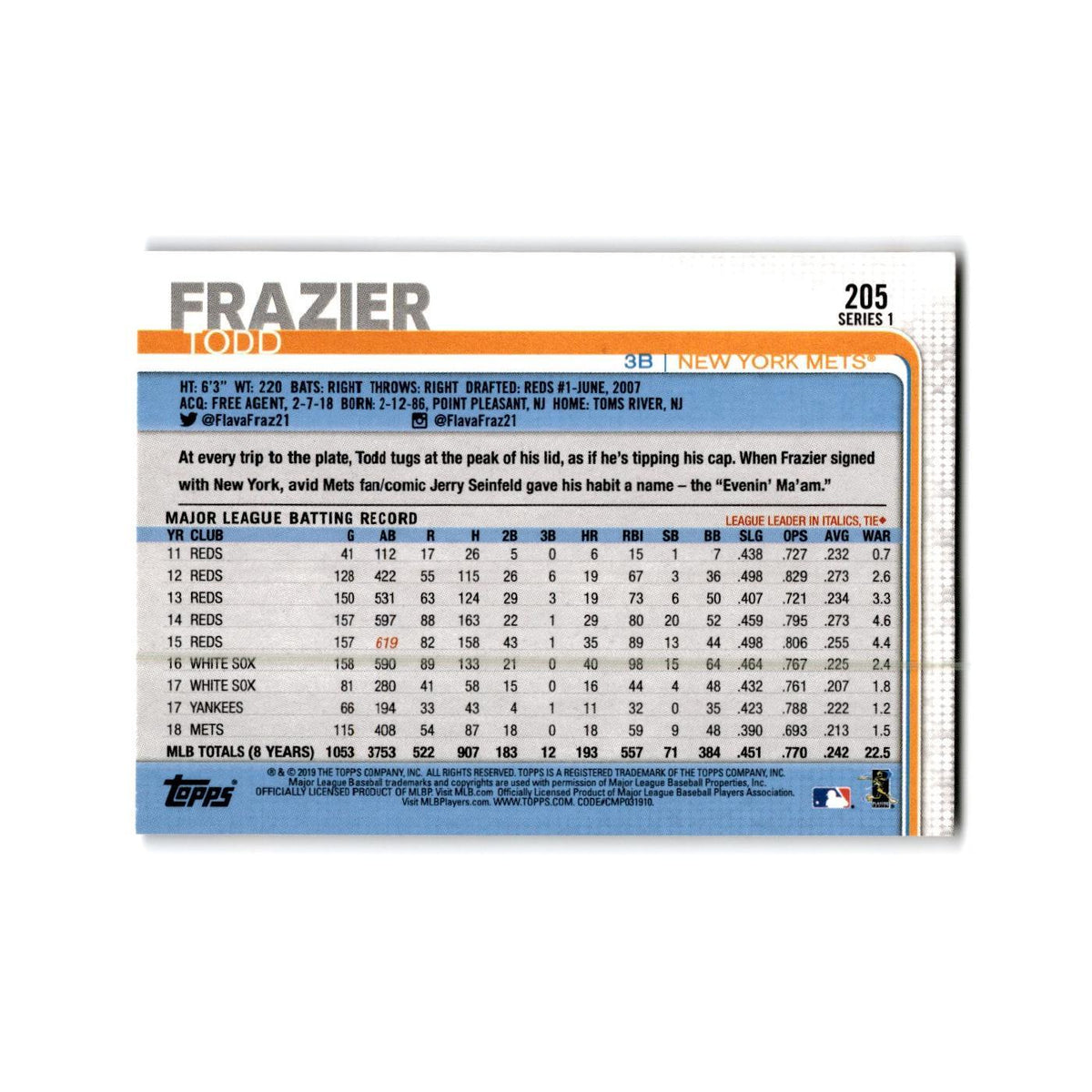 Todd Frazier 2019 Topps #205 New York Mets Baseball Card NM