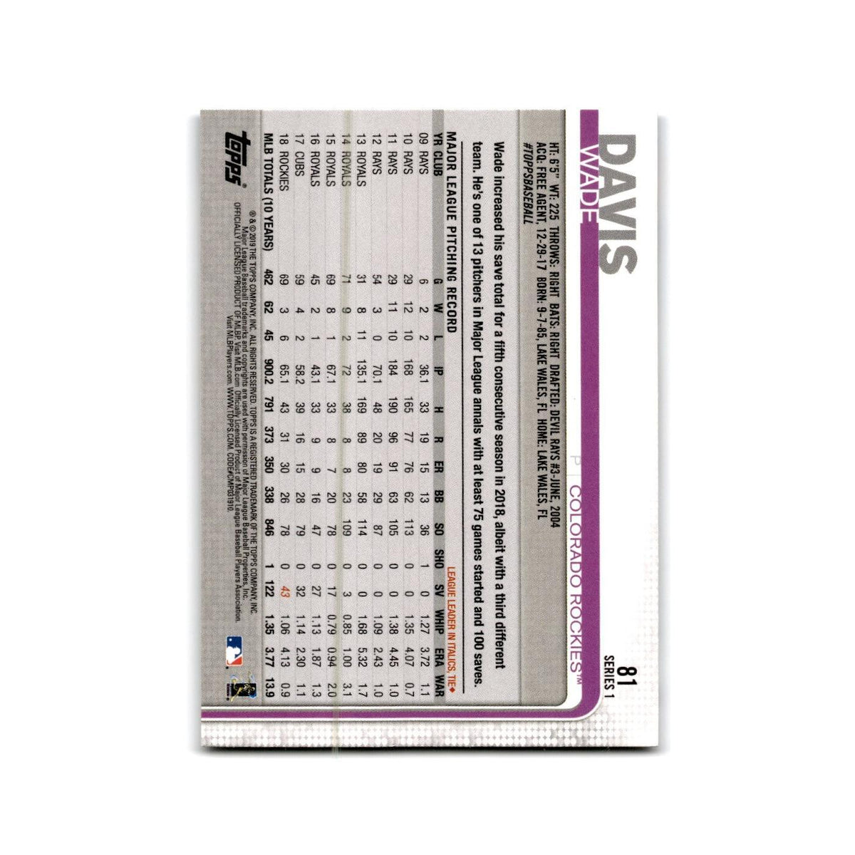 Wade Davis 2019 Topps #81 Colorado Rockies Baseball Card NM