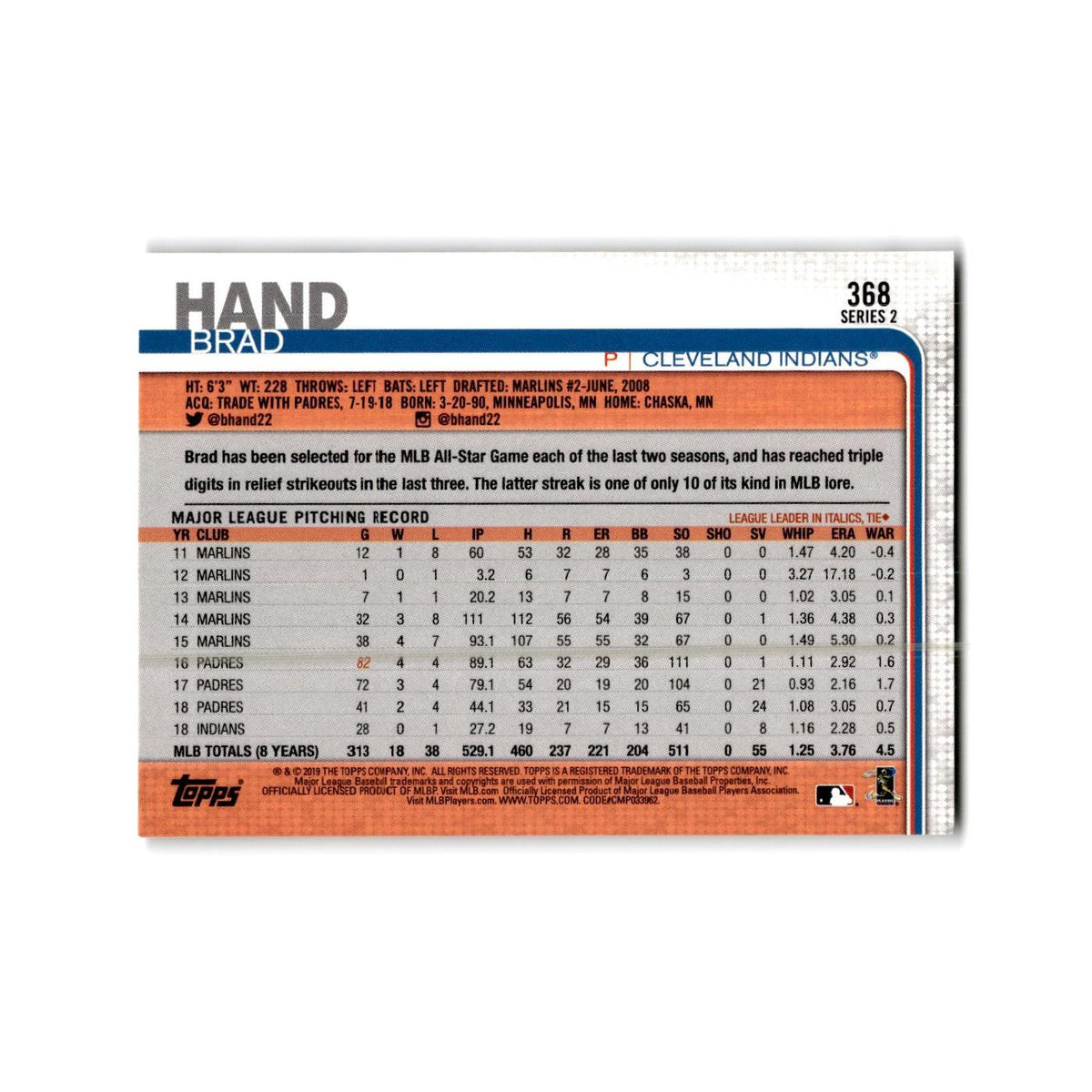 Brad Hand 2019 Topps #368 Cleveland Indians Baseball Card NM
