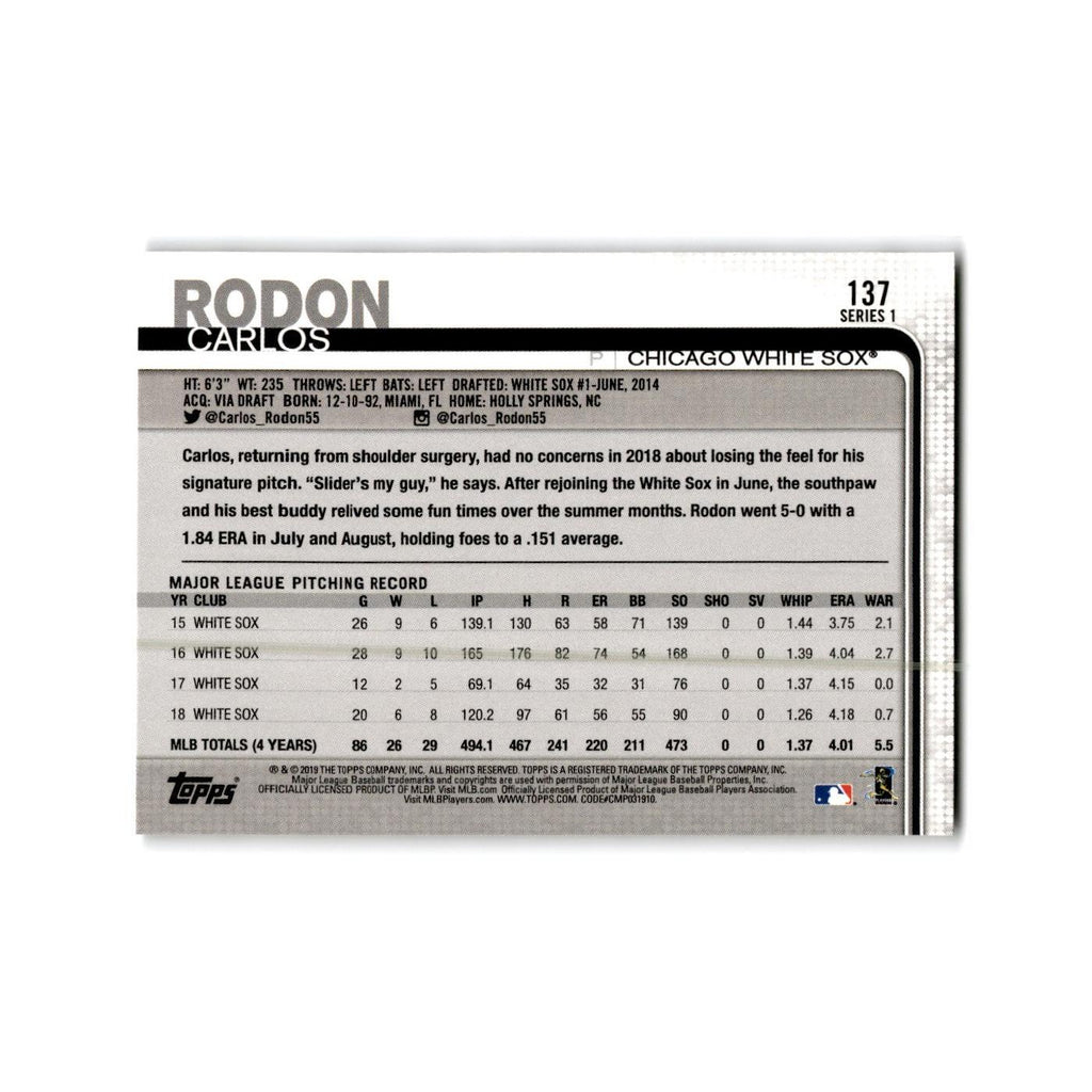 Carlos Rodon 2019 Topps #137 Chicago White Sox Baseball Card NM