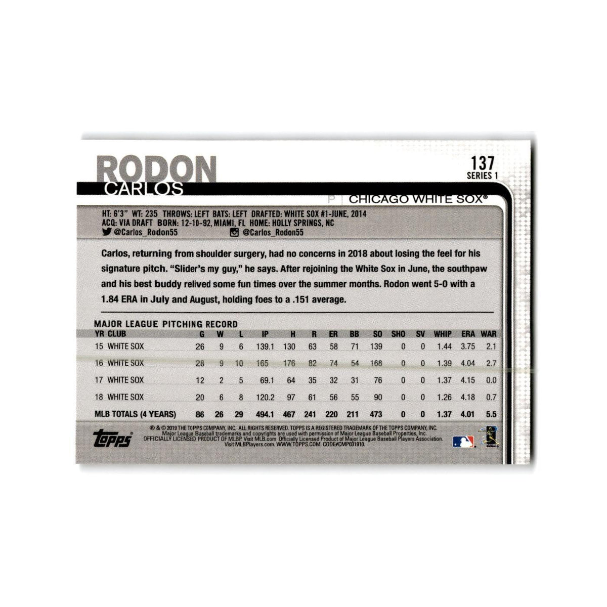 Carlos Rodon 2019 Topps #137 Chicago White Sox Baseball Card NM