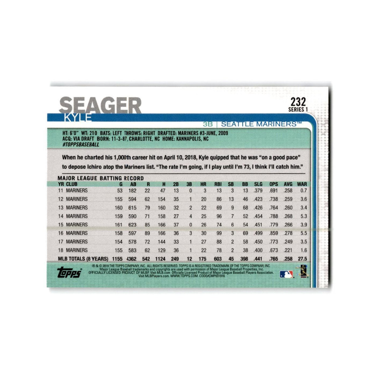 Kyle Seager 2019 Topps #232 Seattle Mariners Baseball Card NM