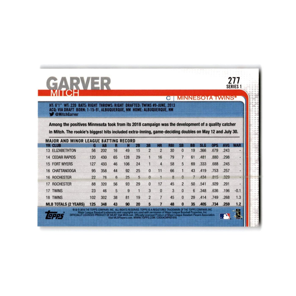 Mitch Garver 2019 Topps #277 Minnesota Twins Baseball Card NM