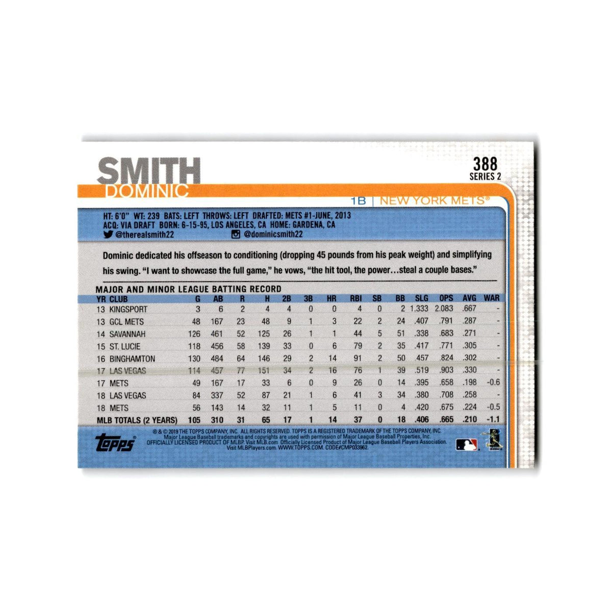 Dominic Smith 2019 Topps #388 New York Mets Baseball Card NM