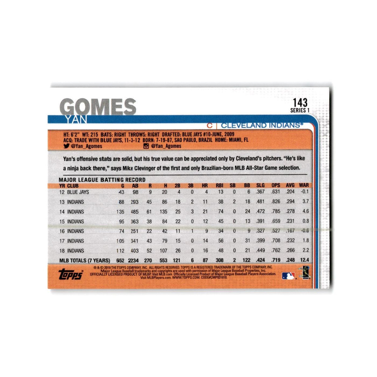 Yan Gomes 2019 Topps #143 Cleveland Indians Baseball Card NM