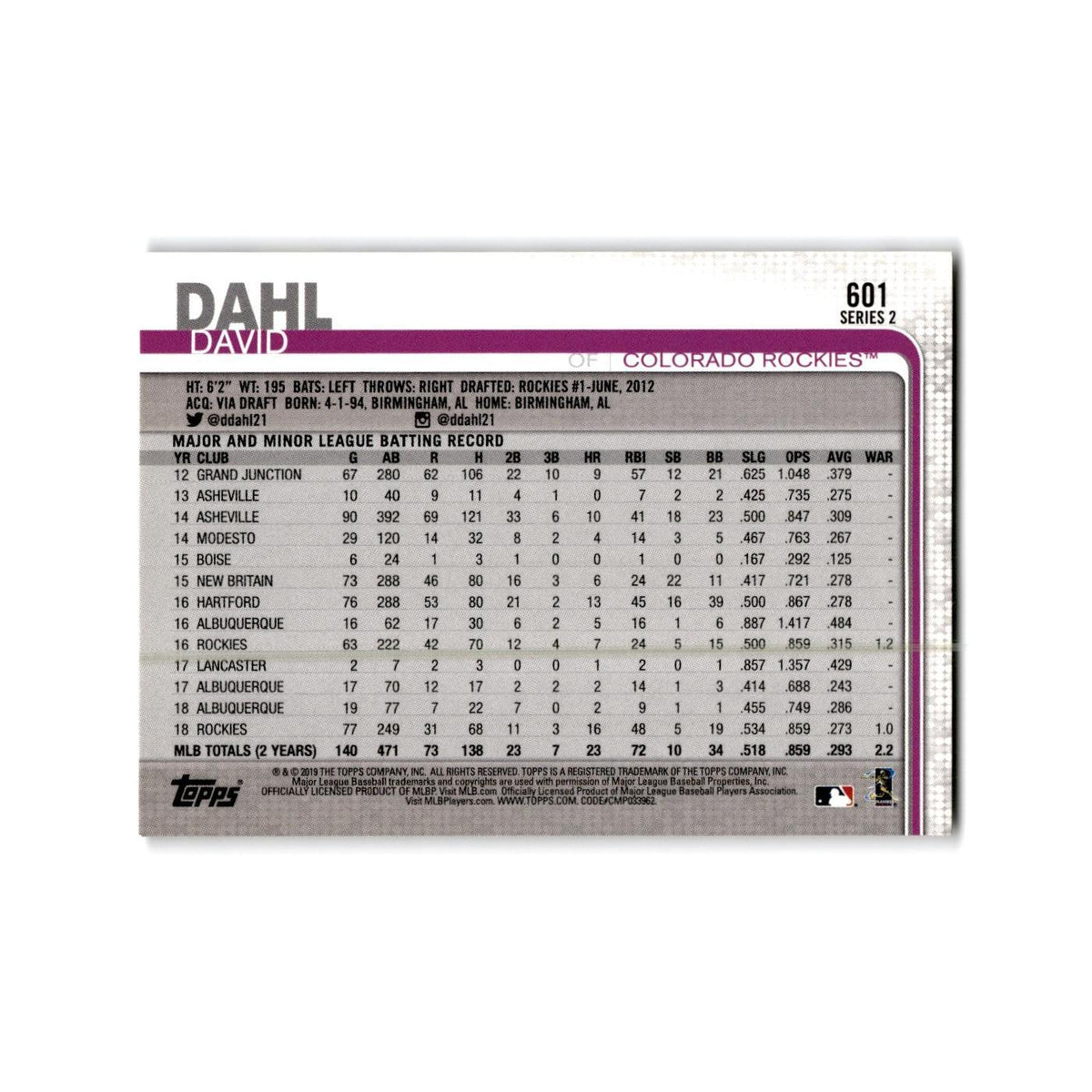 David Dahl 2019 Topps #601 Colorado Rockies Baseball Card NM