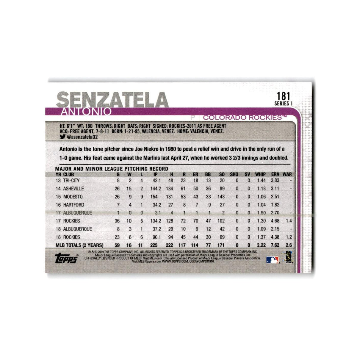 Antonio Senzatela 2019 Topps #181 Colorado Rockies Baseball Card NM