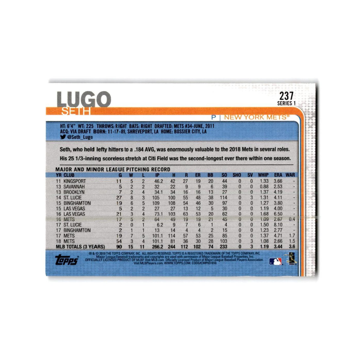 Seth Lugo 2019 Topps #237 New York Mets Baseball Card NM