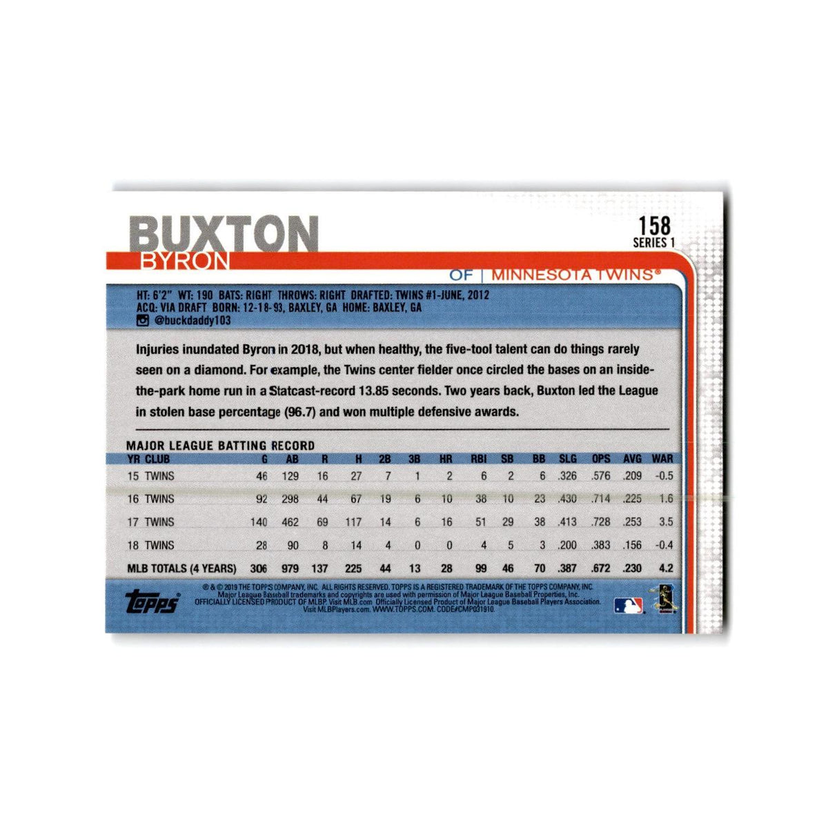 Byron Buxton 2019 Topps #158 Minnesota Twins Baseball Card NM