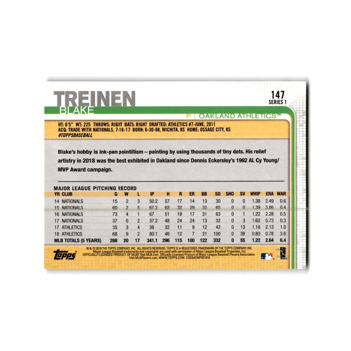 Blake Treinen 2019 Topps #147 Oakland Athletics Baseball Card NM