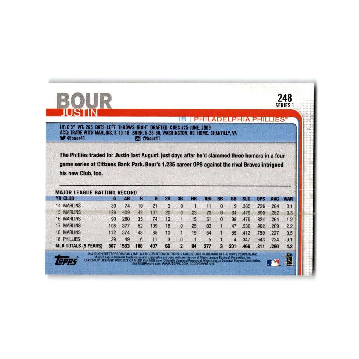Justin Bour 2019 Topps #248 Philadelphia Phillies Baseball Card NM