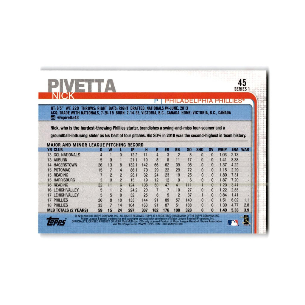 Nick Pivetta 2019 Topps #45 Philadelphia Phillies Baseball Card NM