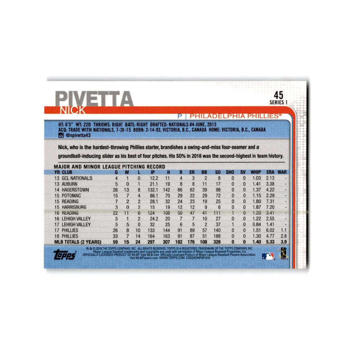 Nick Pivetta 2019 Topps #45 Philadelphia Phillies Baseball Card NM