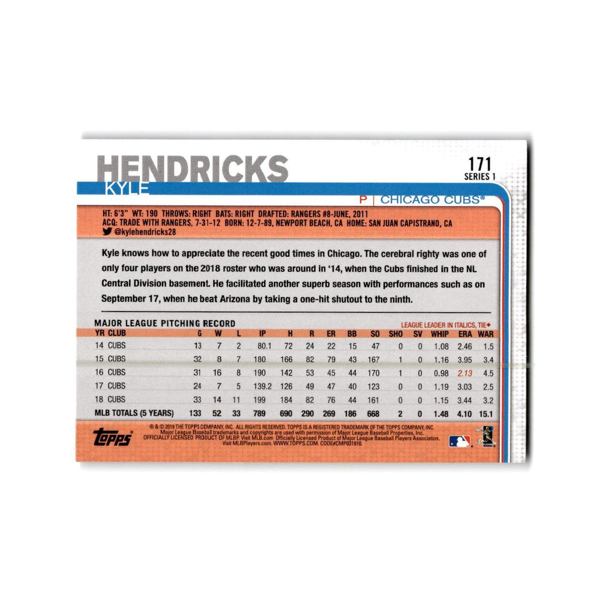Kyle Hendricks 2019 Topps #171 Chicago Cubs Baseball Card NM