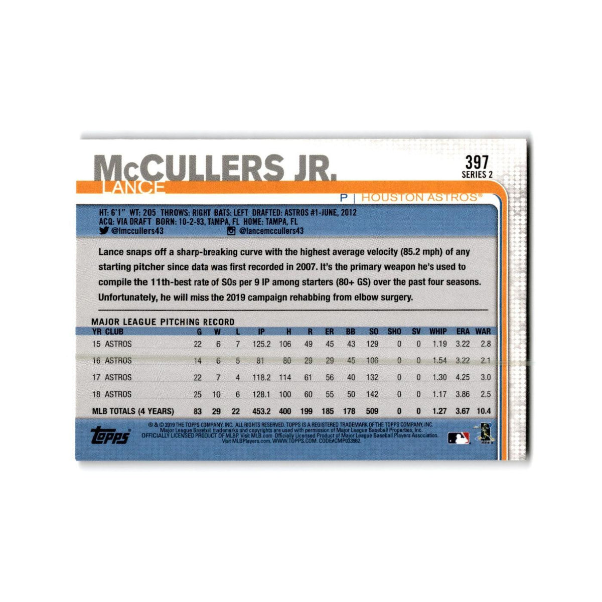 Lance McCullers Jr. 2019 Topps #397 Houston Astros Baseball Card NM