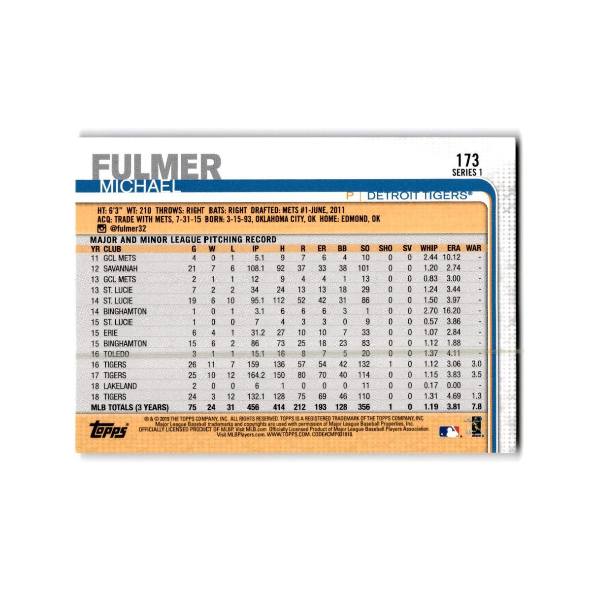 Michael Fulmer 2019 Topps #173 Detroit Tigers Baseball Card NM