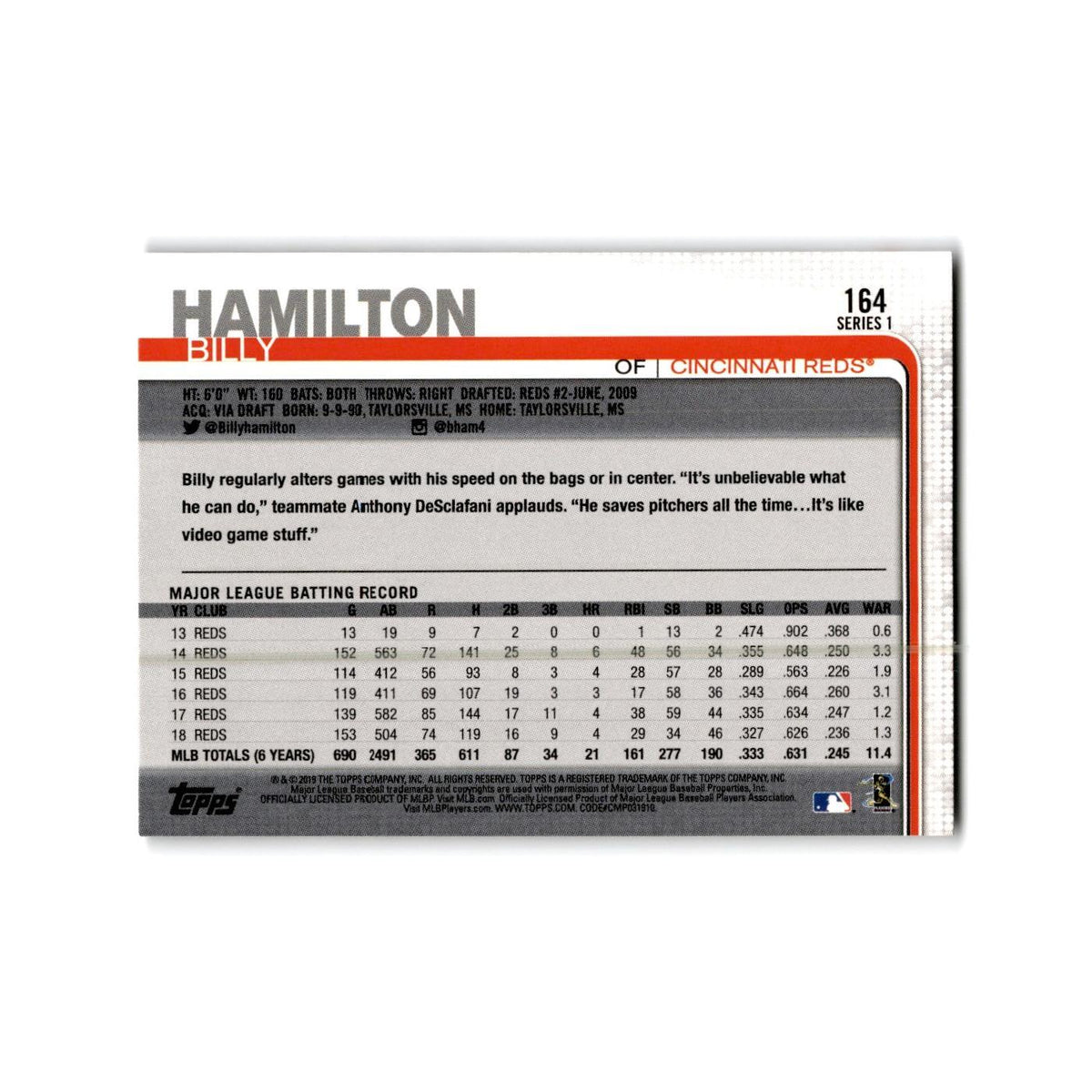 Billy Hamilton 2019 Topps #164 Cincinnati Reds Baseball Card NM