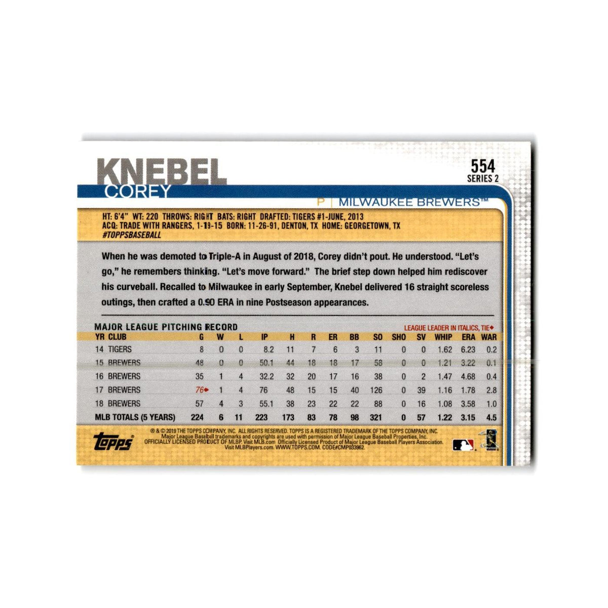 Corey Knebel 2019 Topps #554 Milwaukee Brewers Baseball Card NM
